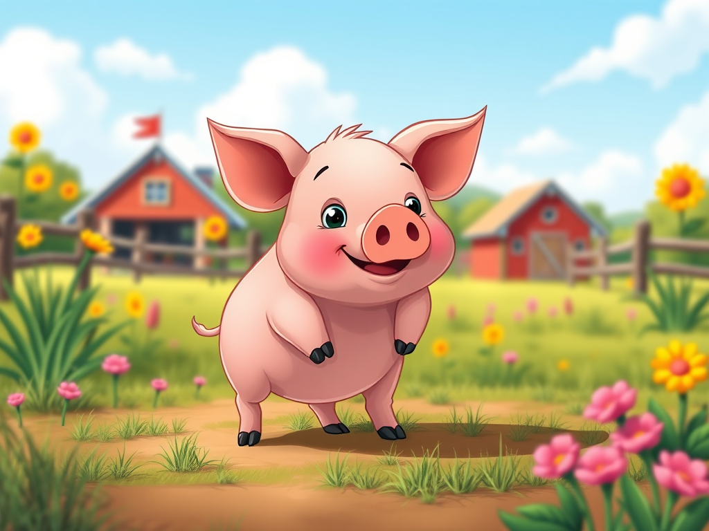 Create a digital illustration of a cartoon pig standing on all fours in a vibrant farm setting, using a Canon EOS R camera with a 50mm f/1.8 lens, set at ISO 100, aperture f/4, and shutter speed 1/200s, focusing on a bright color palette and smooth textures for enhanced image quality.