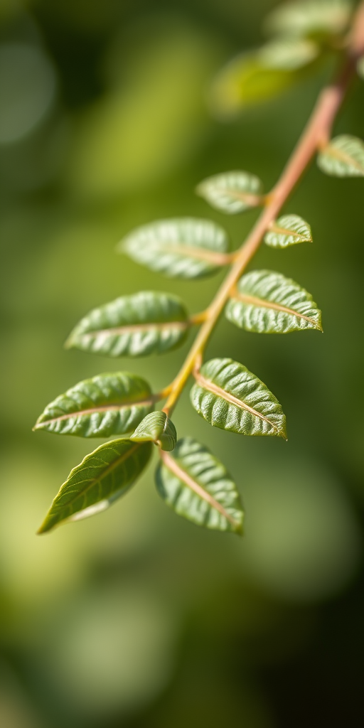 Generate a high-resolution image of a delicate green leaf branch with detailed textures, photographed with a Canon EOS R5, 100mm f/2.8 macro lens, using a shallow depth of field, natural lighting, and a soft focus background to enhance the subject's features.