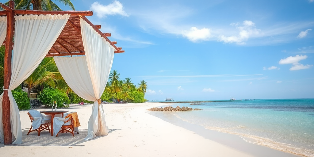 Create a picturesque tropical beach scene featuring a serene, white sandy shore. In the foreground, there's a rustic wooden canopy with white drapes gently flowing in the breeze. Underneath the canopy, a table is set with tropical decor, evoking a sense of relaxation and leisure. The beach extends into a calm, shallow water area with reflections of the sky and surroundings. Palm trees and lush greenery line the edge of the beach, providing a natural, tropical backdrop. The sky is clear with a few scattered clouds, and the overall atmosphere is tranquil and inviting, perfect for a peaceful retreat.