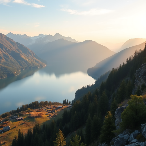 Generate a high-resolution image of a serene landscape featuring a calm lake surrounded by mountains at sunrise, with a wide-angle view, using a DSLR camera at f/8 aperture, ISO 100, and a shutter speed of 1/60 seconds for optimal clarity and detail.