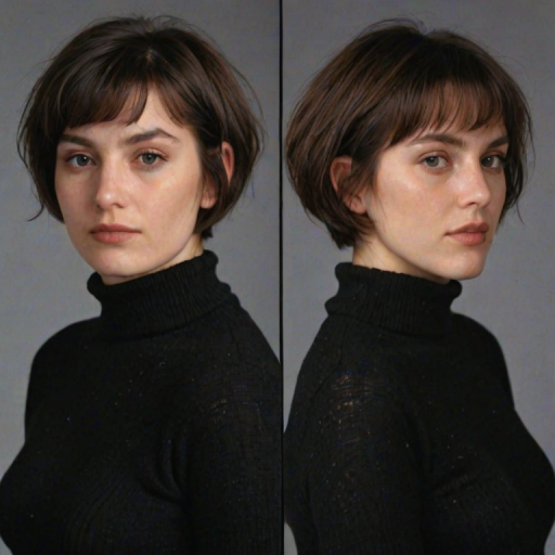 Contact sheet with 4 images of a woman with a messy short bob cut wearing a black turtleneck