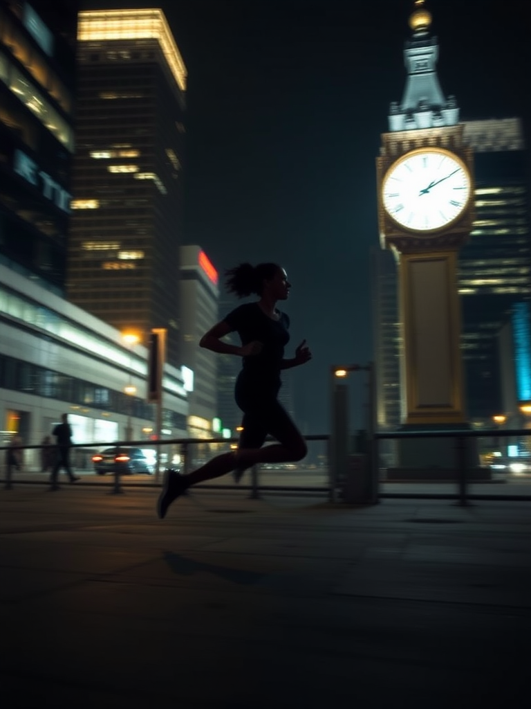 silhouette of a person running in a cityscape at night with a blurry clock in the background, wide-angle lens, ISO 400, f/2.8, 1/60 sec exposure, shot with a DSLR camera using long exposure for dynamic motion effect