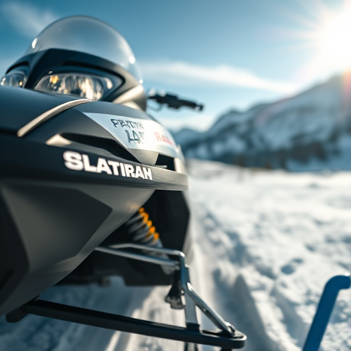 High-resolution close-up of a black and blue snowmobile in snowy mountains, vibrant colors, soft focus background, sunlight illuminating the scene, camera settings: f/4, ISO 100, shutter speed 1/500 sec, shot with a DSLR camera from a low angle for dramatic effect.