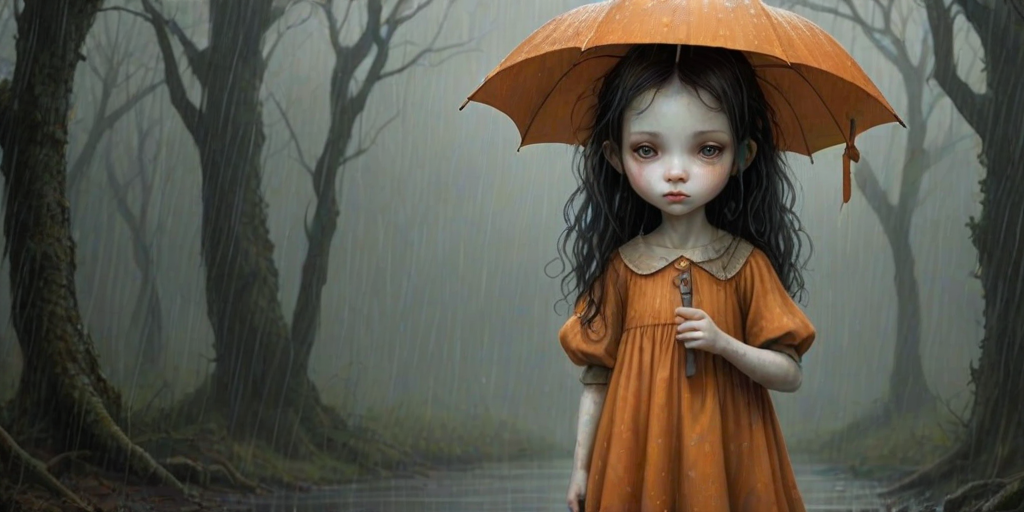 An eerie, weird little girl with dark hair in thin pigtails, wearing a smock dress, standing in the rain, holding a dirty orange umbrella, a small, odd creature beside her. In a surreal style inspired by Nicoletta Ceccoli and Brian Froud. Dark fantasy themes