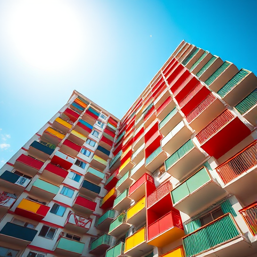 Capture a low-angle view of a modern high-rise building with colorful balconies in vibrant sunlight, aperture f/8, ISO 200, shutter speed 1/250s, using a DSLR camera with a wide-angle lens.