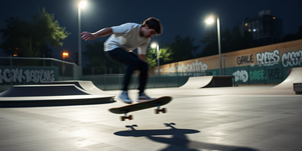 Blurry action shot of a skateboarder performing a trick in an urban skate park, soft glow from overhead streetlights casting long shadows on the concrete, with distant graffiti-covered walls.