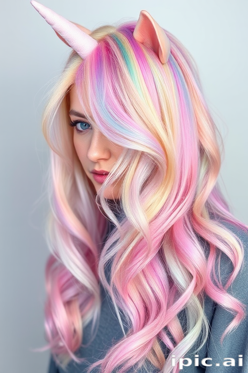 Whimsical rainbow pastel mane called "Unicorn Dreams" with long layered cut, soft multicolored hues blending seamlessly, loose beachy waves throughout, face-framing tendrils in various pastel shades, magical iridescent sheen