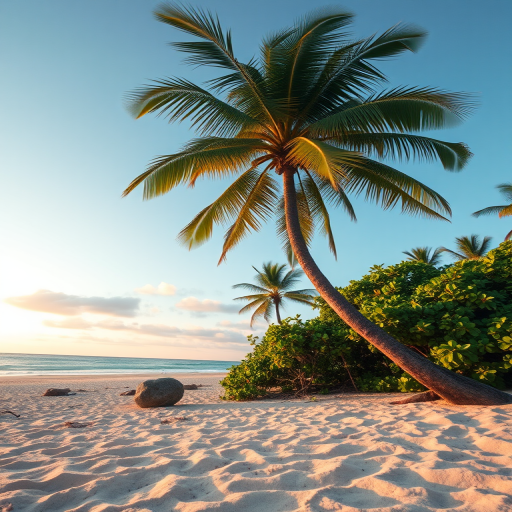 generate a high-resolution image of a tropical beach scene featuring a leaning palm tree with lush green foliage in the background during golden hour, use a DSLR camera with a 24mm lens, aperture f/8, ISO 100, shutter speed 1/200s, wide-angle view for enhanced detail and clarity