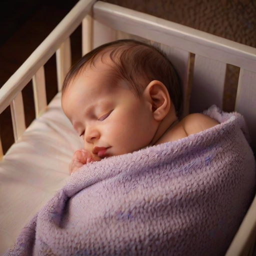 Warm, softly lit image of a baby sleeping peacefully in a crib, soft glow from a nearby nightlight casting warm shadows on the walls, the smell of lavender and baby powder lingering in the air, a sense of tranquility and innocence captured.