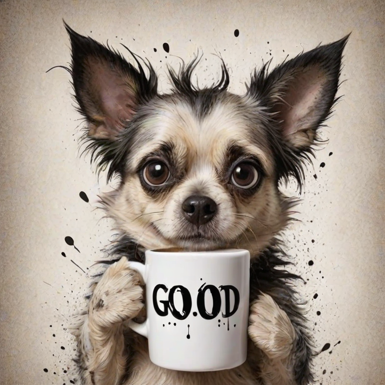 A quirky, artistic illustration of a disheveled bossie dog breed with exaggerated, large eyes and spiky fur, holding a coffee mug that reads "Good Morning". The dog has a tired but humorous expression, with ink splatters and abstract details surrounding it, giving a whimsical feel to the image. The color palette is mostly monochrome with hints of black in the eyes and steam rising from the mug, enhancing the overall sleepy vibe