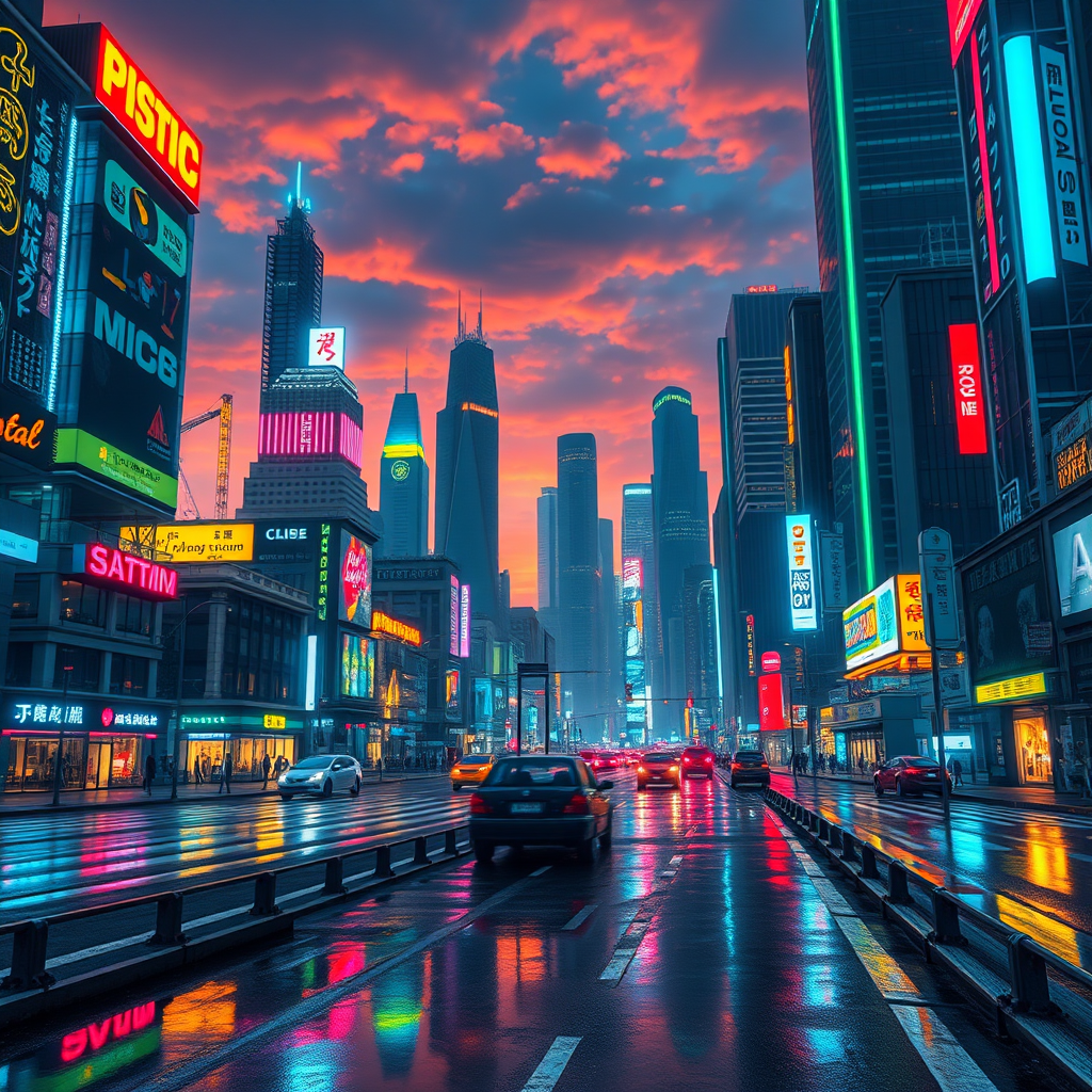 Create a high-resolution digital illustration of a futuristic cityscape at twilight with vibrant neon lights reflecting off wet streets, shot at 24mm with f/2.8 aperture, ISO 200, using a DSLR camera with a wide-angle lens and HDR imaging for enhanced detail and color saturation.