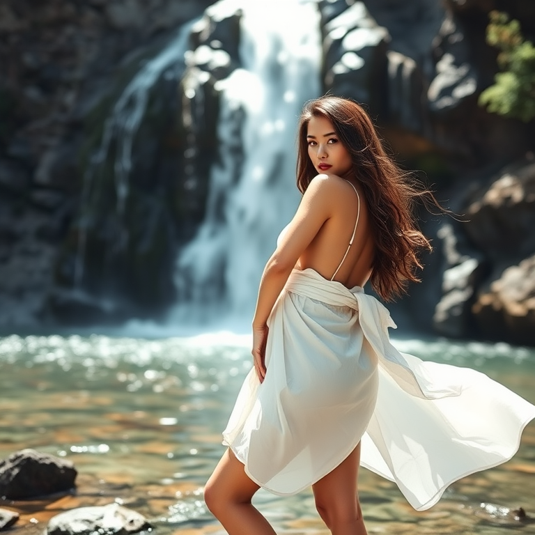 captivating model posing in a flowing white outfit at a scenic waterfall, bright natural lighting, shallow depth of field, 50mm lens, aperture f/2.8, ISO 100, soft focus background, high-resolution photography, portrait orientation, taken with a DSLR camera