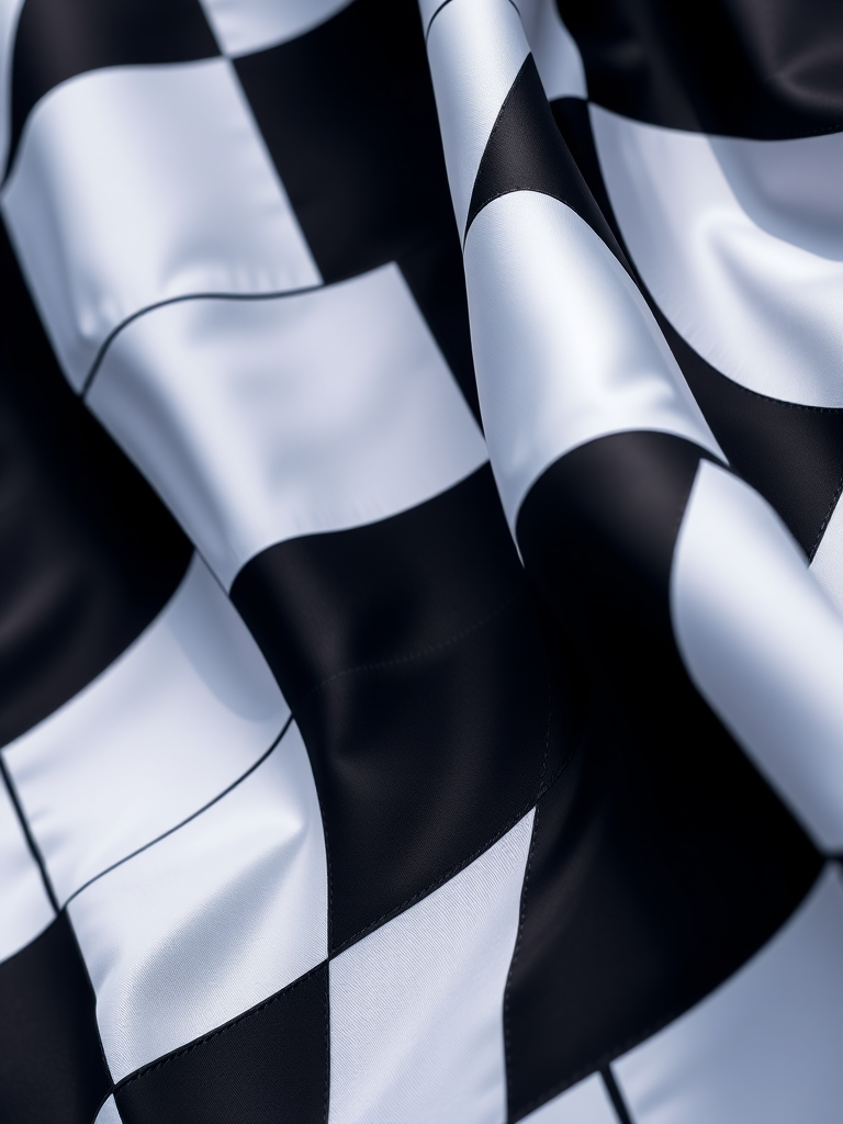 high-resolution close-up of a waving black and white checkered flag, f/8 aperture, 1/200 sec shutter speed, ISO 100, shot with a DSLR camera in natural light, focus on texture and movement of the fabric