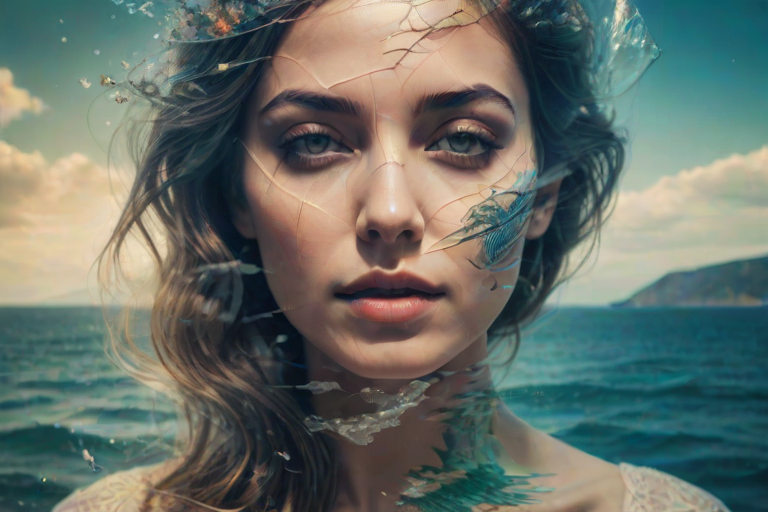 imagine Book cover, A surreal double exposure portrait that blends a woman's face with a beautiful seascape. The overall mood is dreamy and mystical, with rich colors and intricate details