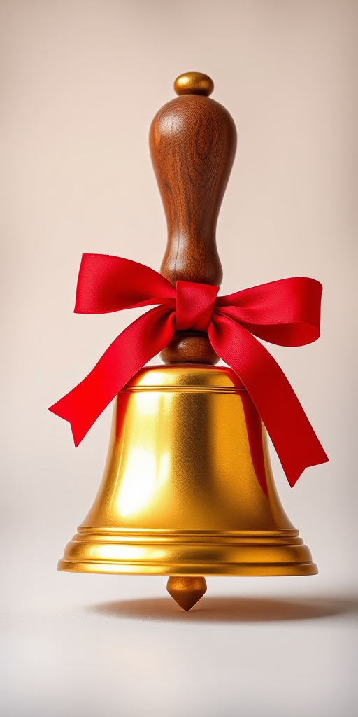 Create a high-resolution image of a golden bell with a wooden handle and a red bow, set against a soft gradient background; use a DSLR camera with a 50mm lens at f/2.8, ISO 100, and a shallow depth of field to enhance focus on the bell.