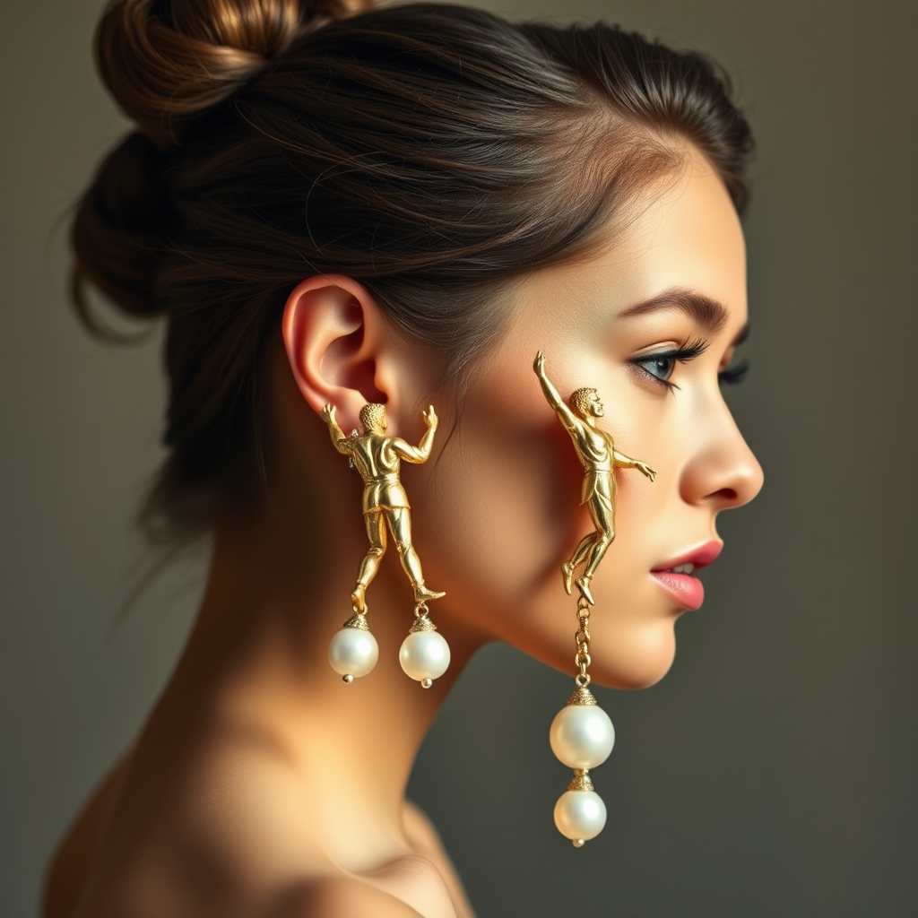 beautiful young lady with hair done up, and an exquisite pair of earings, made from mother of pearl, shimmering, and composed of different men in poses as he climbs up the long earing