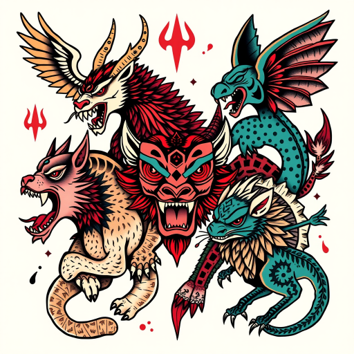 Neo-traditional "Folkloric Menagerie" tattoo design showcasing mythical creatures and symbolic animals rendered with bold lines saturated colors and stylized features inspired by classic tattoo art