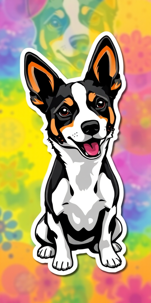 this picture is sticker, 3D black and white canaan dog breed, colorful background