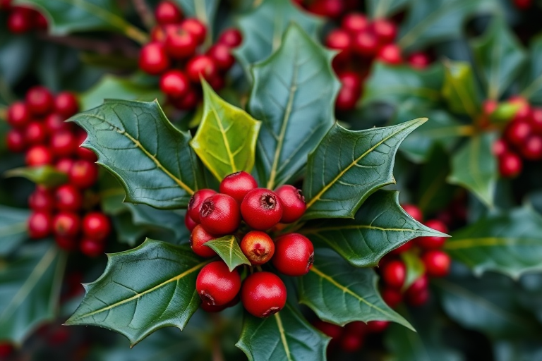 A close-up shot of holly leaves and berries, vibrant colors, 50mm lens, f/2.8 aperture, ISO 100, natural lighting, sharp focus, DSLR camera, high resolution.