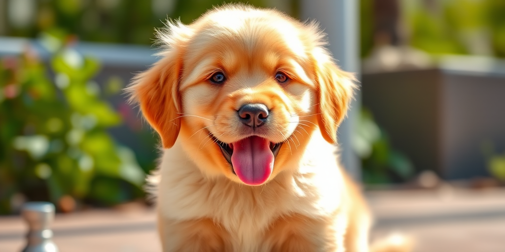 Cute golden retriever puppy with fluffy fur sitting and smiling with its tongue out in a sunny environment.