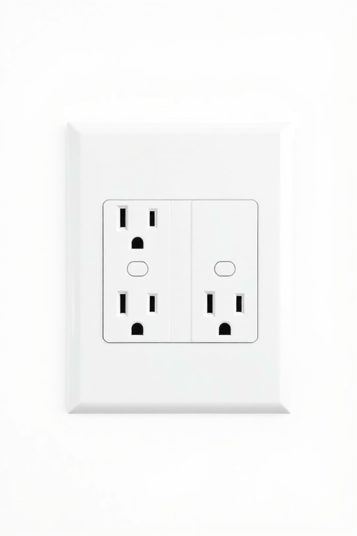 Create a high-resolution image of a double electrical outlet on a plain white background, using a Nikon D850 camera with a 50mm f/1.8 lens, aperture set at f/8, ISO 100, shot from a straight-on view to capture clear details and sharp lines.