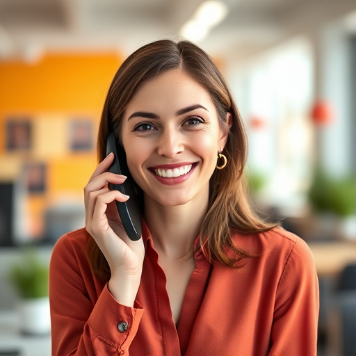 portrait of a smiling woman talking on a phone in a vibrant office setting, soft focus background, using a Canon EOS R5, aperture f/2.8, ISO 100, 50mm lens, natural light with a warm color scheme, shallow depth of field, 85-degree angle view.