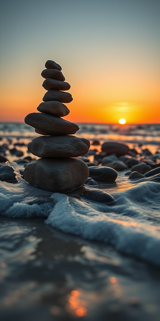 Regenerate an image of balanced rocks at the beach during sunset with soft waves in the foreground, using a Canon EOS R5 with a 24-70mm lens, f/8 aperture, ISO 100, 1/200 sec, shot from a low angle, with HDR processing for better dynamic range and color saturation.