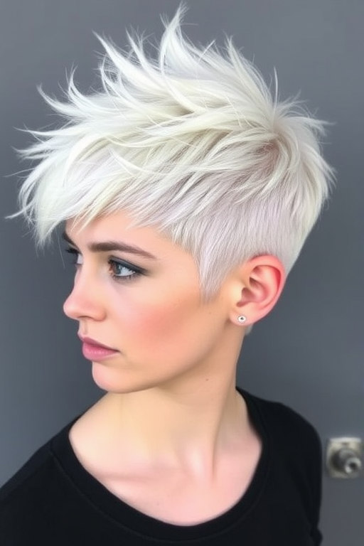 Platinum blonde pixie with lavender shadow roots, styled in spiky texture, called "Ice Queen's Crown" hair, featuring frosted tips and a jagged silhouette