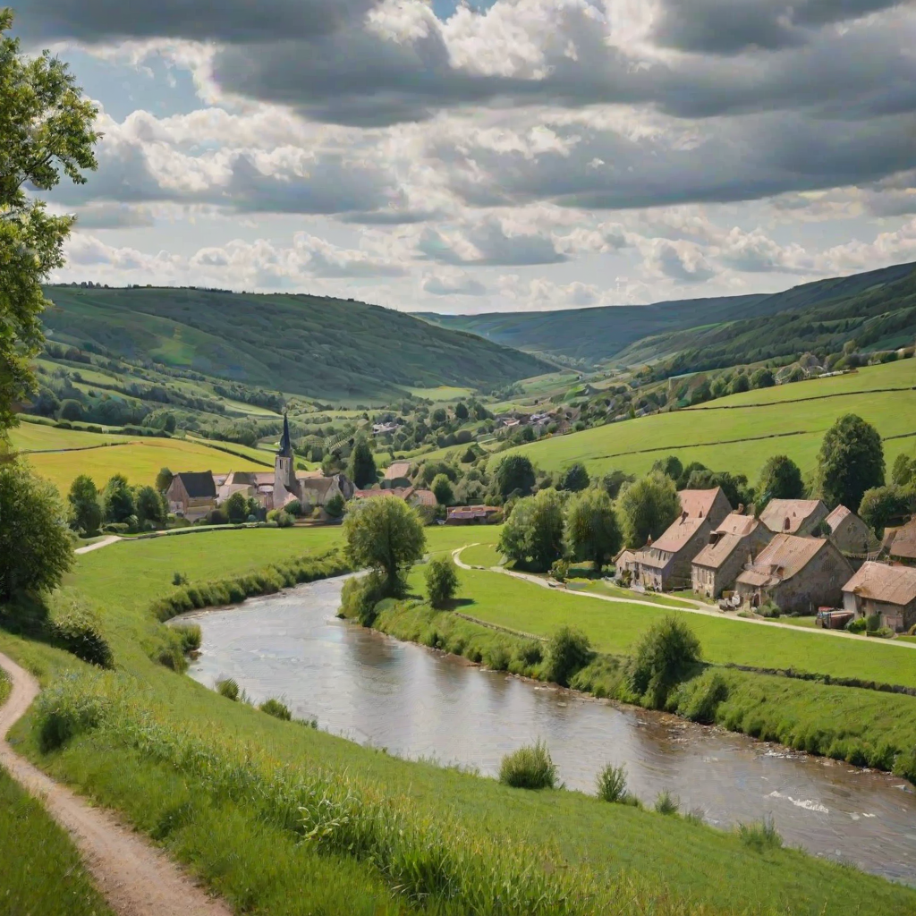 a picturesque village by a river surrounded by rolling green hills and fields, featuring traditional houses and a church steeple in the distance under a partly cloudy sky