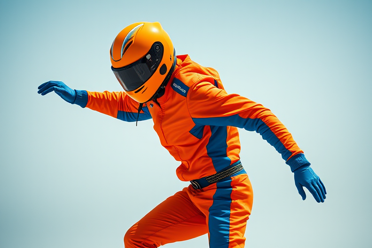 Generate a high-resolution image of a dynamic abstract figure in an orange and blue racing suit with a helmet, captured with a Sony A7R IV at f/2.8, using a 35mm lens, with a shutter speed of 1/250s, in natural light to enhance vibrancy and details.