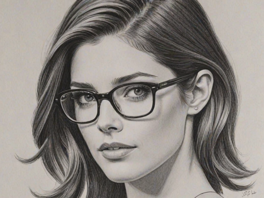 Delightful Ashley Greene, pencil sketch, portrait of Bewitching woman 1958s in glasses, hair style beatnik, outline, clear lines, fine lines, 8k