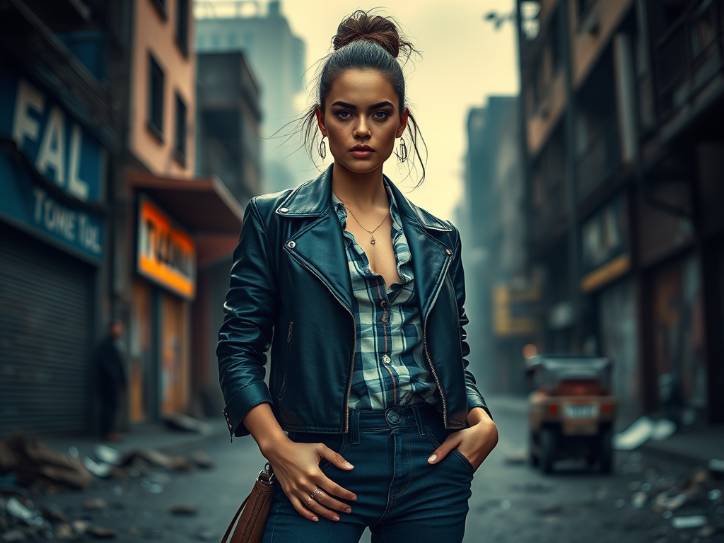 Create a high-resolution image of a fashionable woman standing confidently in a post-apocalyptic urban setting, with dramatic lighting, a shallow depth of field, taken with a Canon EOS 5D Mark IV, 50mm lens, f/1.8 aperture, ISO 100, and a soft focus background.