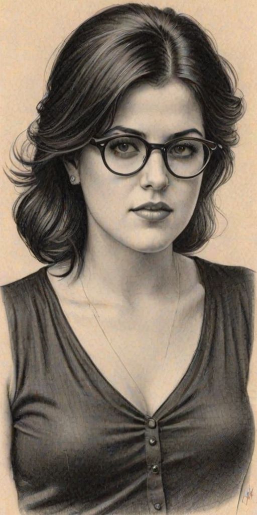 Attractive Monica Lewinsky, pencil sketch, portrait of Fascinating woman 1920s in glasses, hair style beatnik, outline, clear lines, fine lines, 8k