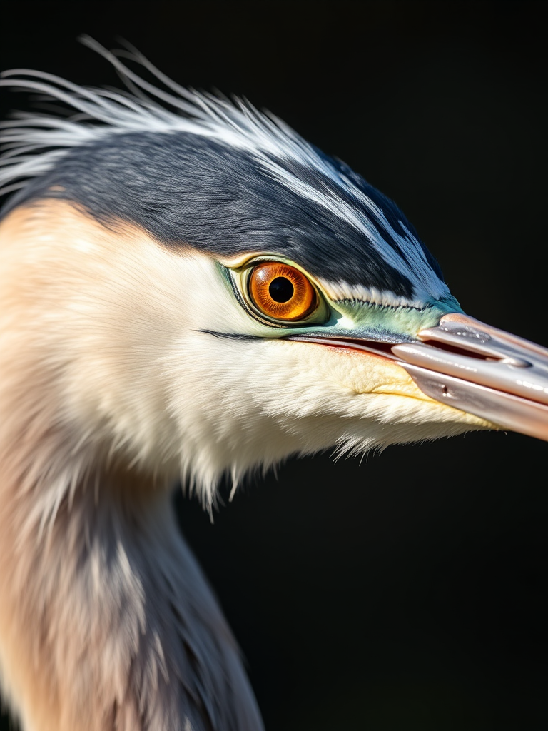 Close-up portrait of a heron with intricate feather details and striking eye, shot with a Canon EOS 5D Mark IV, 100mm f/2.8 macro lens, aperture f/5.6, ISO 200, soft natural light, shallow depth of field for a blurred background.