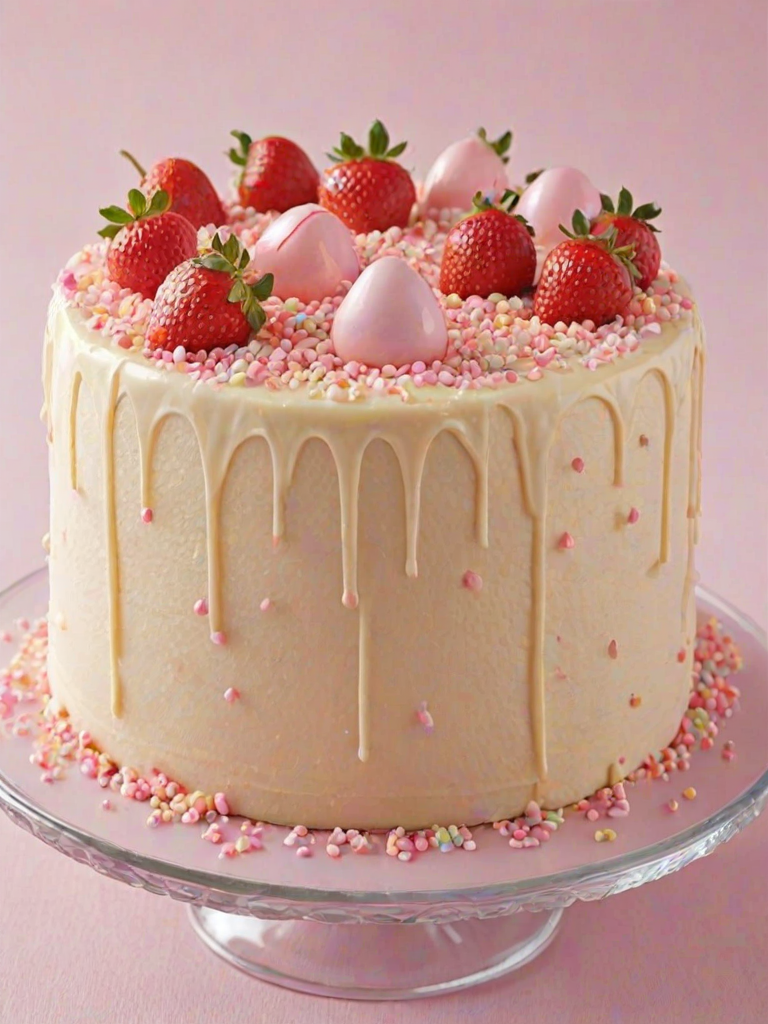 Generate an image of a round cake with a smooth white chocolate ganache coating. The cake should be decorated with pink and white chocolate-covered strawberries and whimsical pastel-colored candies on top. Include some delicate pink sprinkles for added texture, and place the cake on a clear glass cake stand. The background should be soft and light to enhance the cake's presentation.