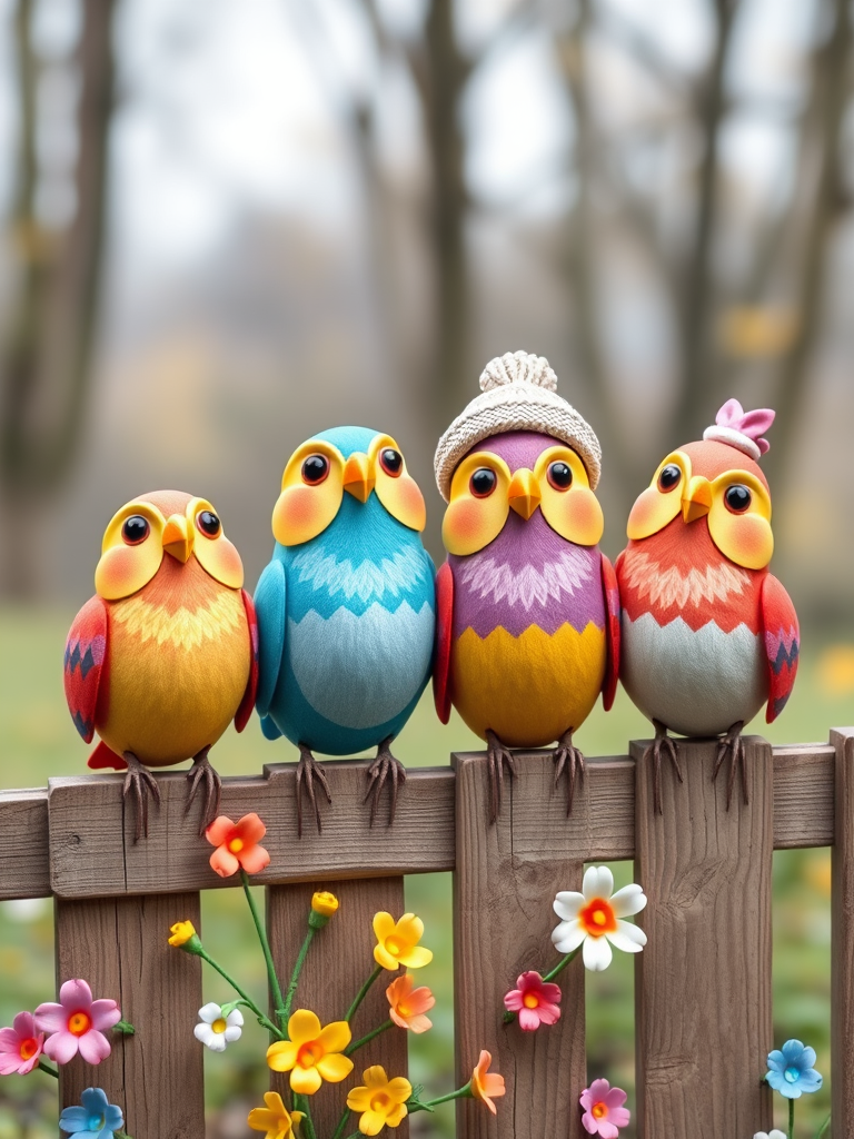 create a scene of 4 quirky  whimsical colourful comical birds each with a funny expression. they are sat on a wooden fence with colourful flowers. they are all different sizes. each one is a different colour  one is wearing a woolly hat. Each one has a different quirky google expression and there is a muted background of trees watercolour paintierly style high definition 8k resolution 3D paper mache