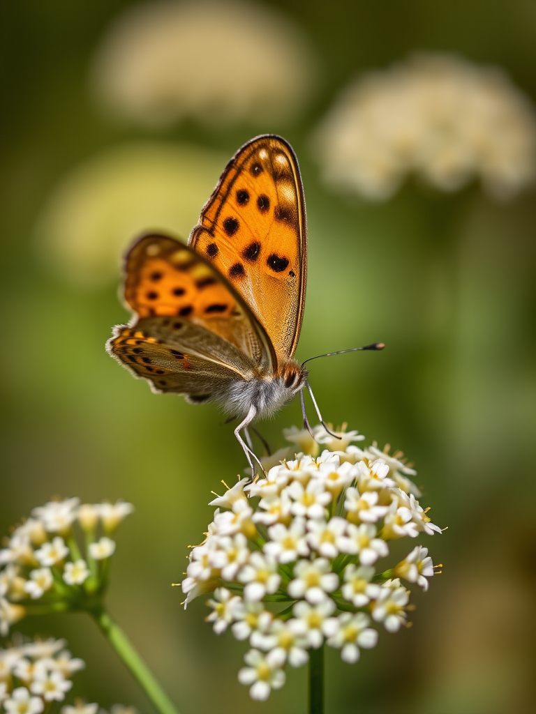 high-resolution macro photograph of a butterfly perched on clusters of small white flowers, natural lighting, aperture f/2.8, shutter speed 1/500s, ISO 200, taken with a DSLR camera, 85mm lens, shallow depth of field for background blur.