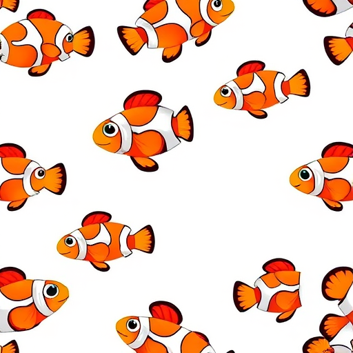 Create a seamless pattern with cartoon clownfish swimming, on a white background, in high resolution, using a digital camera with a 50mm lens, f/8 aperture, ISO 100, top-down view, and vibrant colors for an enhanced visual quality.