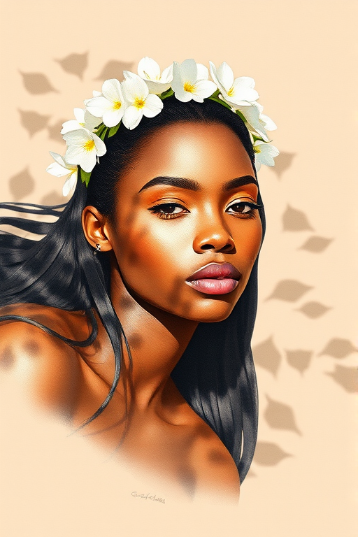 create a watercolor painting of an ethereal portrait of beautiful Igbo woman with a simple white flower crown on her head. Her hair is long and she is lying on the ground. The sunlight on the trees casts shadows from the leaves on her face and body. The background is a neutral brown color that matches her skin tone. The image is minimalist and solid colors. This style is characterized by soft, delicate brushstrokes and a light, airy, contrasting color palette. High level of detail and play of light
