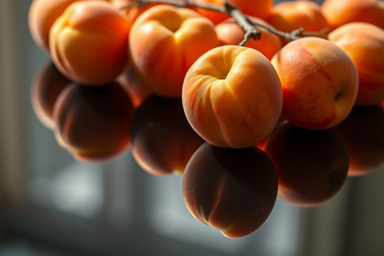 Photograph a cluster of apricots on a reflective black surface using a DSLR camera, aperture f/2.8, shutter speed 1/125s, ISO 100, 50mm lens, with soft natural lighting to enhance colors and reflections.