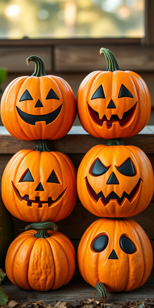 Create an image of four cartoon-style pumpkins with different facial expressions including a happy face, a sad face, a mischievous face, and a spooky face, using a Canon EOS 5D Mark IV camera, 50mm lens, aperture f/1.8, ISO 100, and soft natural lighting for enhanced image quality.