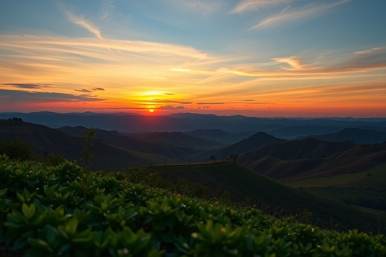 Regenerate a vibrant landscape featuring a sunset over rolling hills, with lush greenery in the foreground, using a DSLR camera, 35mm lens, aperture f/8, ISO 200, shutter speed 1/125 sec, shot from a low angle to emphasize the foreground, with a warm color tone to enhance the sunset's hues.