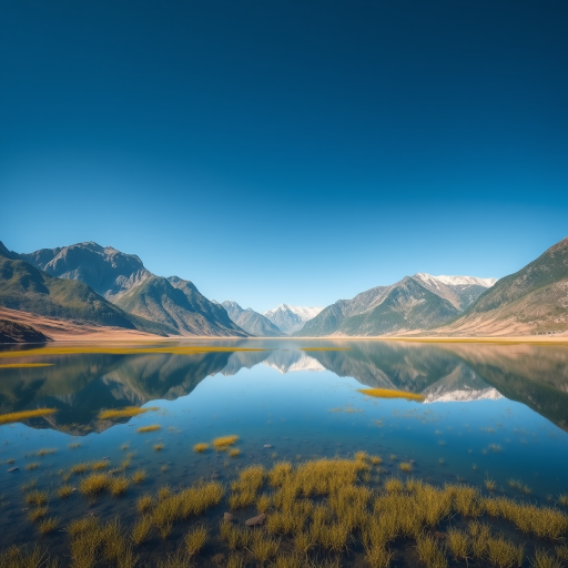 Generate an image of a serene landscape featuring a calm lake reflecting mountains under a clear blue sky, shot with a Canon EOS R5 at f/8, ISO 100, 1/200 sec, wide-angle view, and in a vibrant color style.