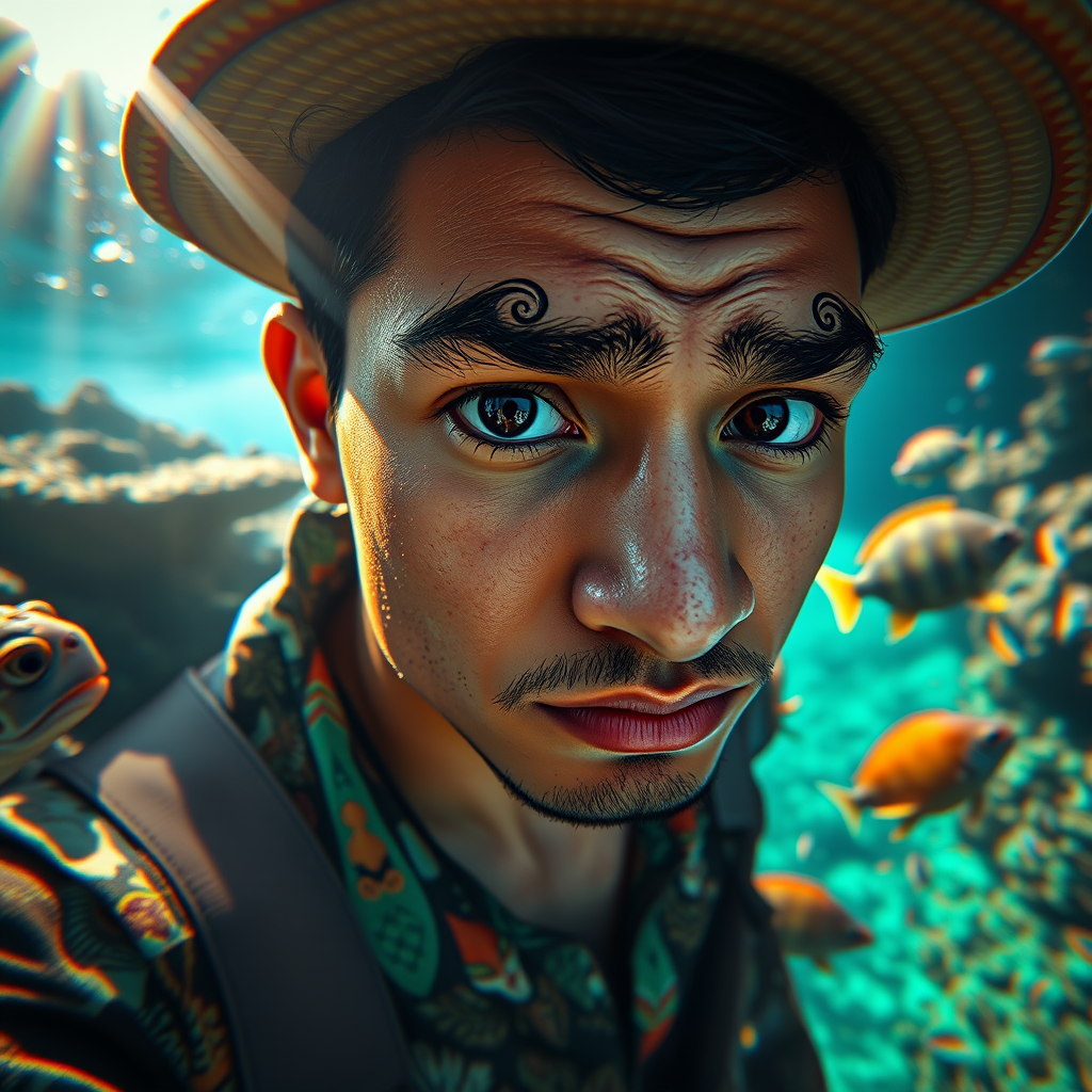 Realistic selfie image of a Tongan, wearing a vintage outfit, detailed dreamy eyes, droopy hooded eyes, staring at the camera, taken underwater at coral reef with a sunbeam filtering through the water, vibrant, summer vacation, natural lighting, turtle and school of tropical fish with vibrant colors, rendered in the style of CryEngine, Pegi Nicol MacLeod, with realistic genre scenes, hauntingly beautiful narratives, ultra-realism, and Thomas Saliot's close-up technique, 8K resolution, crystal clear and sparkling water.