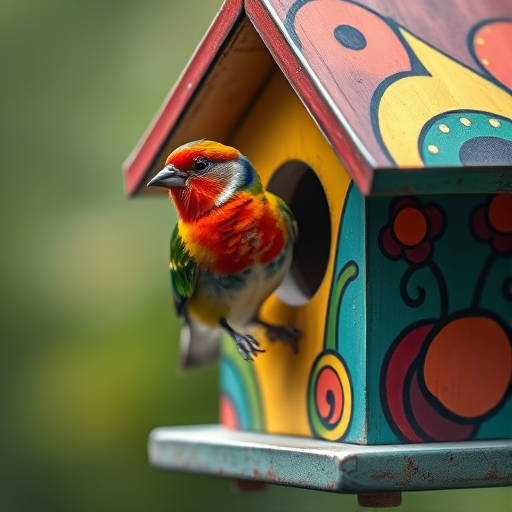 A colorful bird perched on a vibrant, artistic birdhouse, shot with a 50mm lens at f/2.8, ISO 200, and a shutter speed of 1/250s, using a DSLR camera with a shallow depth of field for a soft background blur.