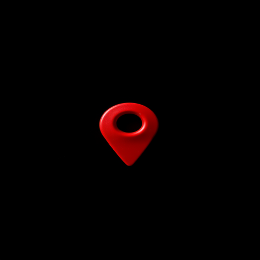 Create a high-resolution image of a red location pin against a black background, using a DSLR camera with a 50mm lens, f/1.8 aperture, ISO 100, and a shallow depth of field.