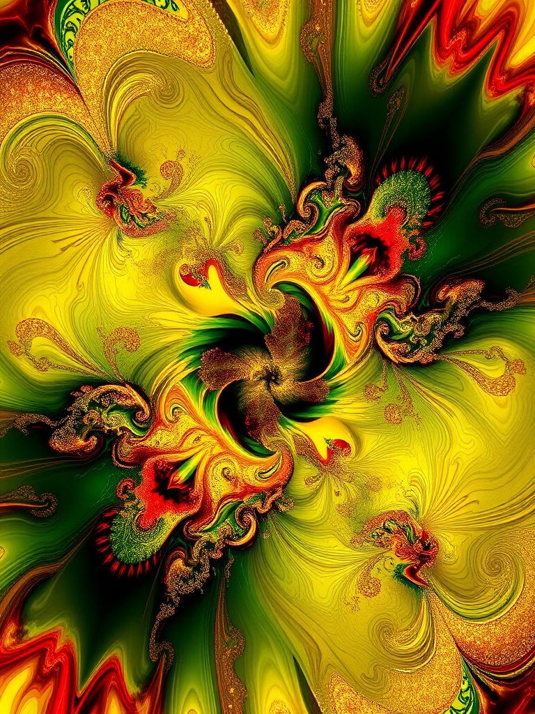 Generate a vibrant fractal design featuring swirling patterns in shades of green, gold, and red with high detail, using a macro lens with f/2.8 aperture, 100mm focal length, 1/125 sec shutter speed, and soft natural lighting.