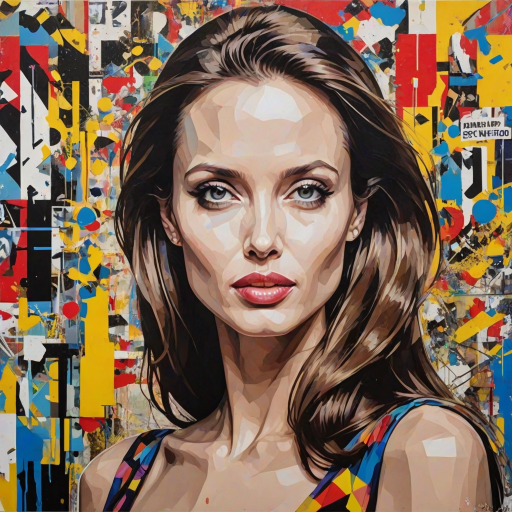 A vibrant artwork blending bohemian style with edgy street art, featuring a young angelina jolie. The design mixes vibrant colors with the modern Disney-inspired style, echoing Roy Lichtenstein's pop art. The overall mood is optimistic and trendy, with elements of Johannes Vermeer’s classic elegance, combined with the geometric abstraction of crystal cubism. add Stockholm shilluette