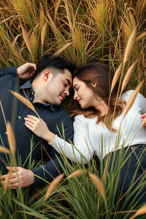 Capture a romantic scene of a couple lying in tall grass, intimate pose with foreheads touching, soft natural lighting, shallow depth of field, use a 50mm lens at f/1.8, ISO 100, shutter speed 1/200, shoot in portrait orientation with a DSLR camera for a dreamy effect.