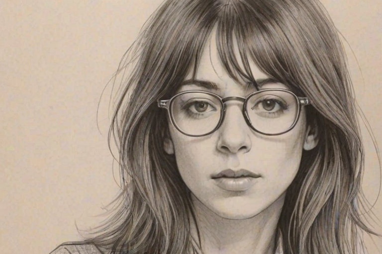 Enticing Charlotte Gainsbourg, pencil sketch, portrait of Attractive woman 1966s in glasses, hair style beatnik, outline, clear lines, fine lines, 8k